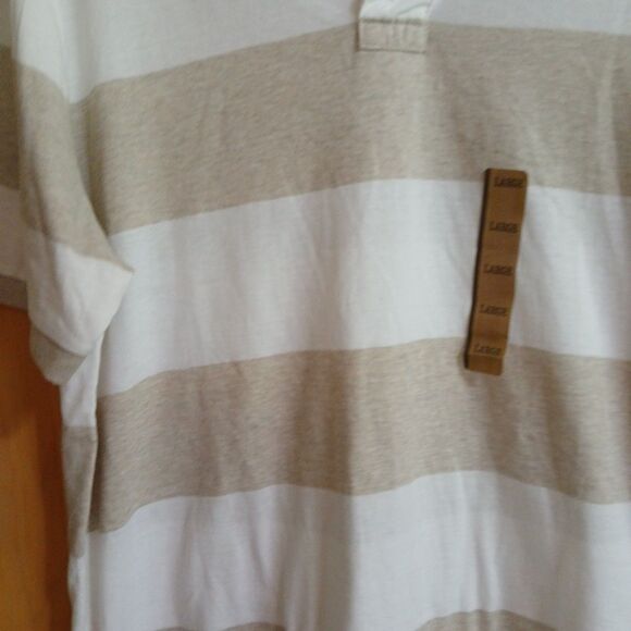 Roebuck & Co Polo Shirt Mens Large TAN White Striped Short Sleeve NWT - Picture 3 of 16
